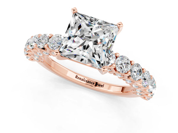 Rose gold Princess Cut Moissanite Solitaire Ring with Shared Prong Pavé Band and Four-Prong Setting
