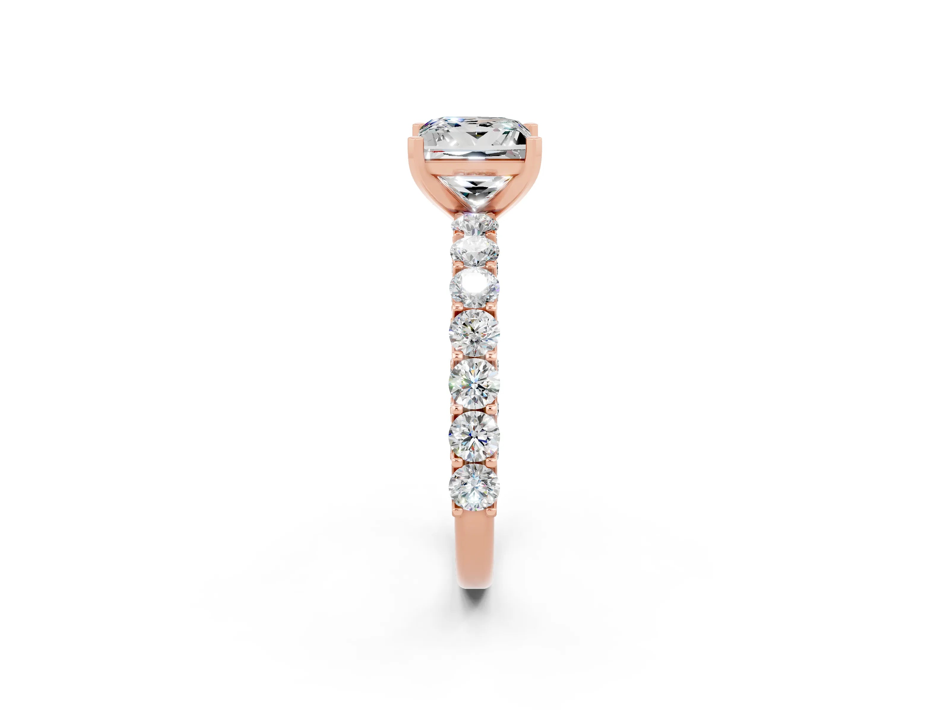 Rose gold Princess Cut Moissanite Solitaire Ring with Shared Prong Pavé Band and Four-Prong Setting_2