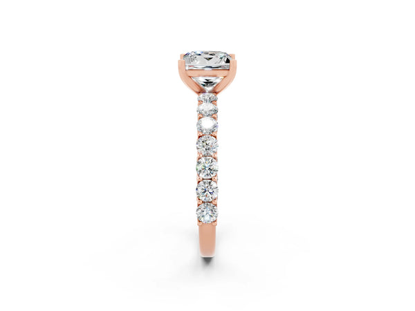 Rose gold Princess Cut Moissanite Solitaire Ring with Shared Prong Pavé Band and Four-Prong Setting