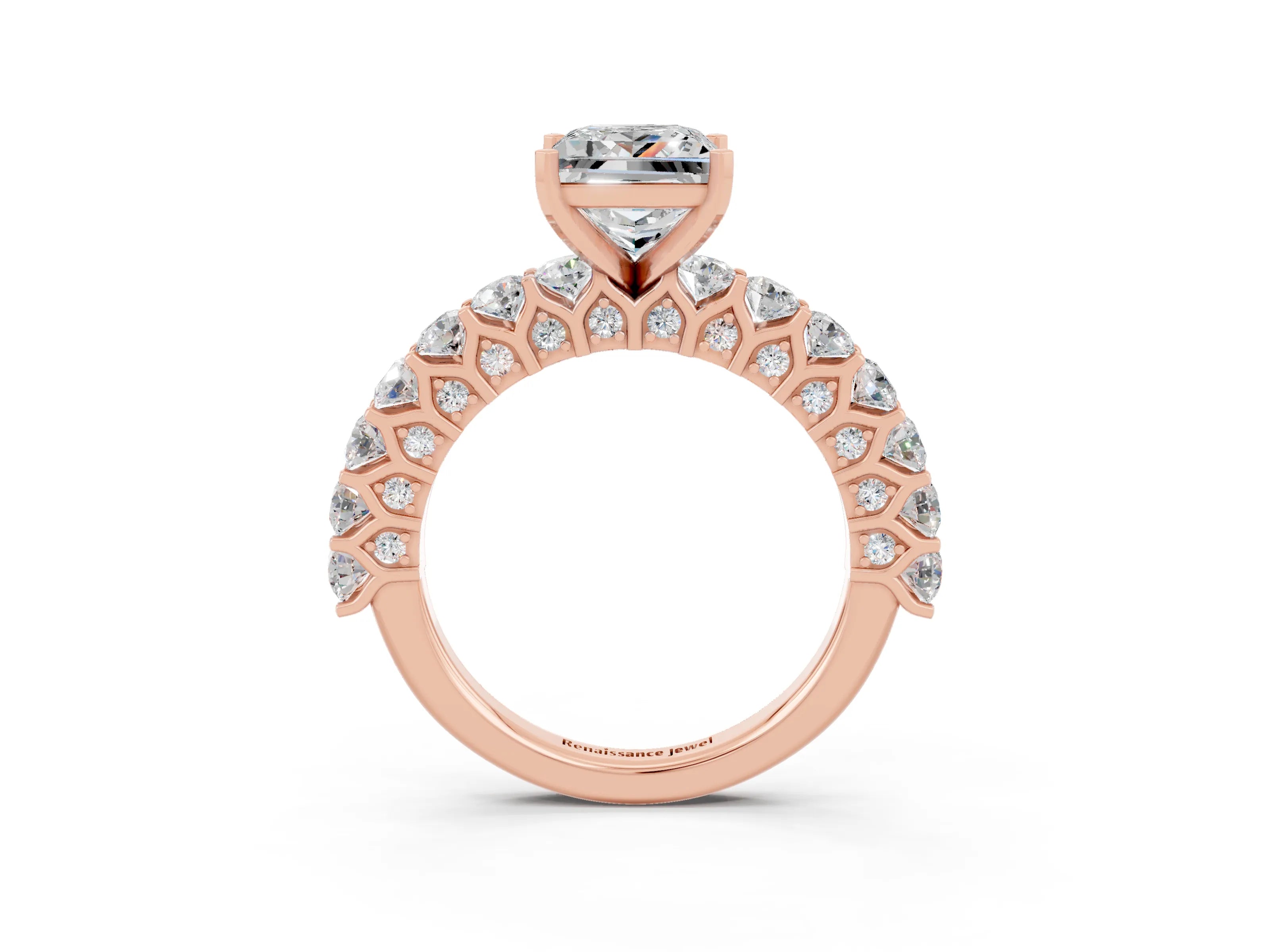 Rose gold Princess Cut Moissanite Solitaire Ring with Shared Prong Pavé Band and Four-Prong Setting_3