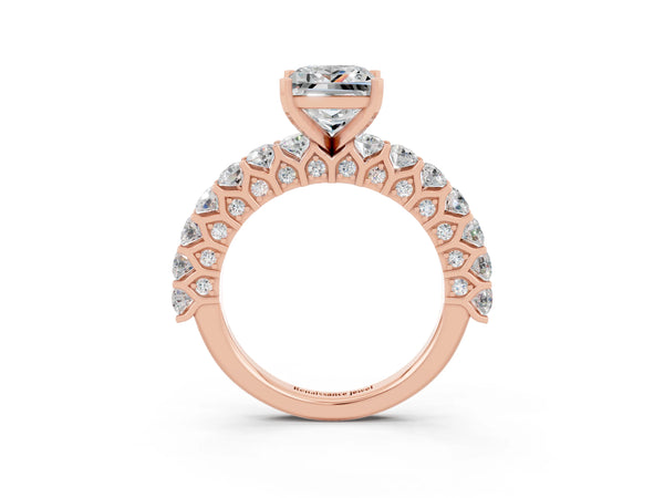 Rose gold Princess Cut Moissanite Solitaire Ring with Shared Prong Pavé Band and Four-Prong Setting