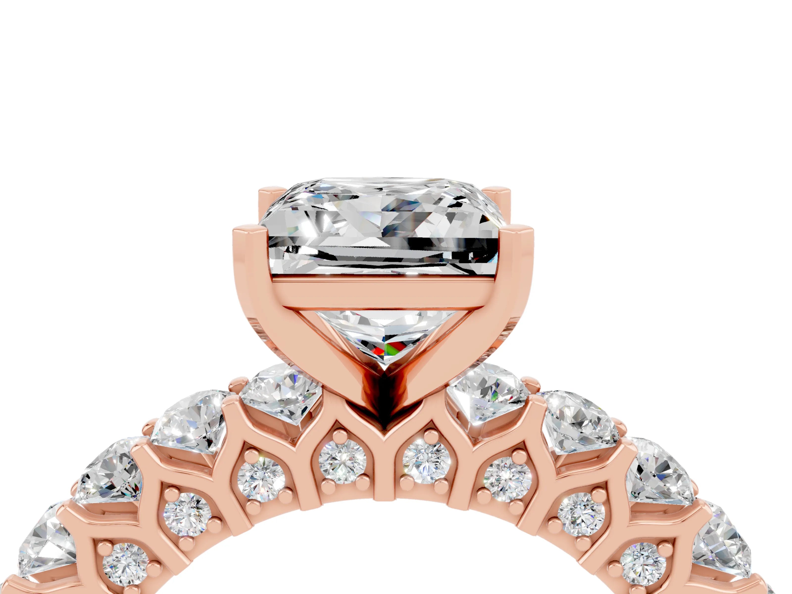 Rose gold Princess Cut Moissanite Solitaire Ring with Shared Prong Pavé Band and Four-Prong Setting_4