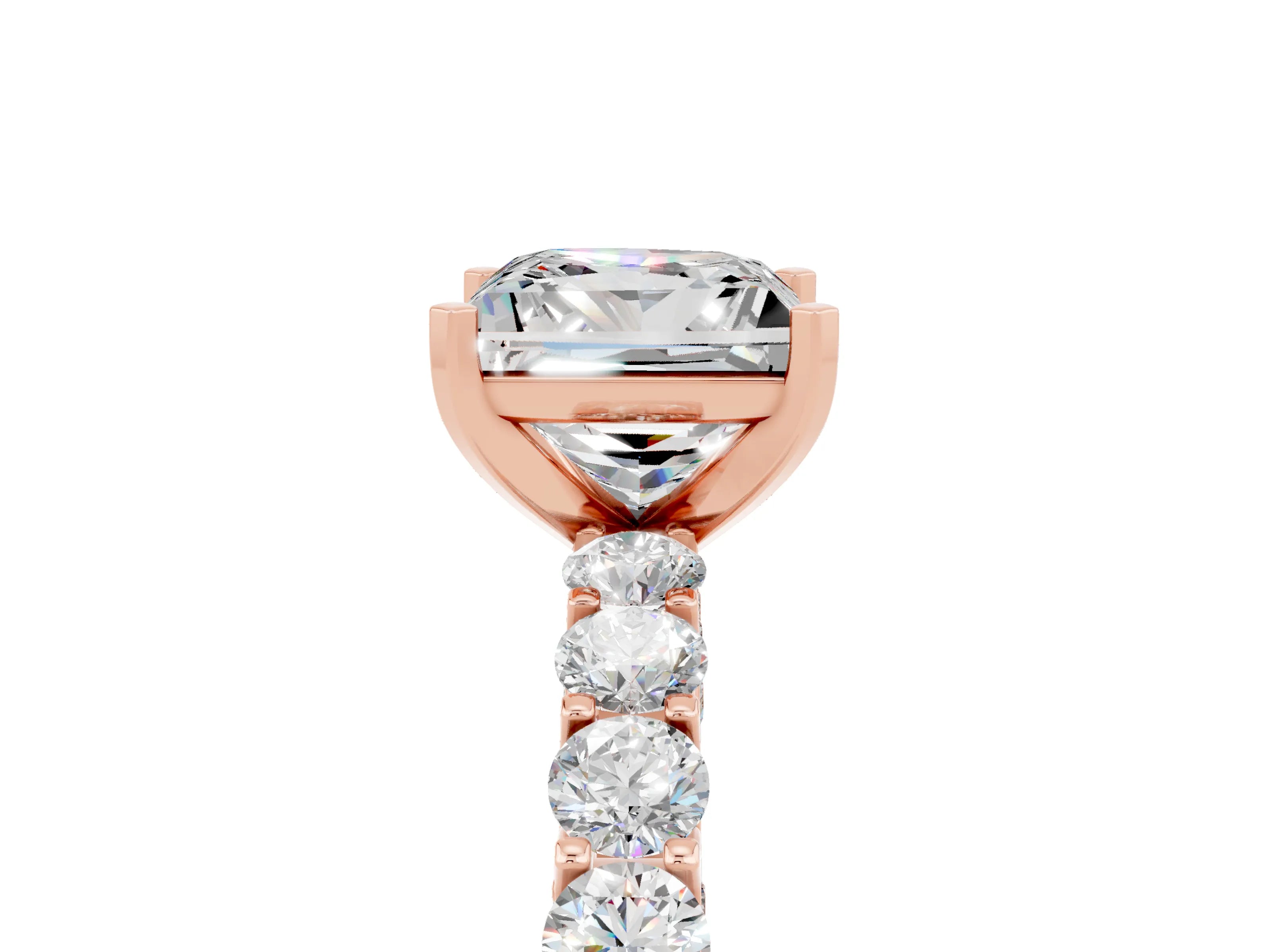 Rose gold Princess Cut Moissanite Solitaire Ring with Shared Prong Pavé Band and Four-Prong Setting_5