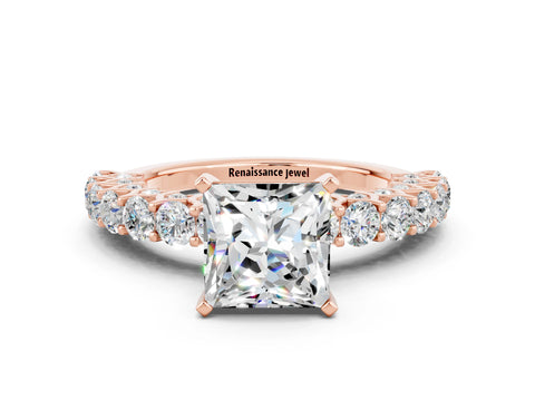 Rose gold Princess Cut Moissanite Solitaire Ring with Shared Prong Pavé Band and Four-Prong Setting