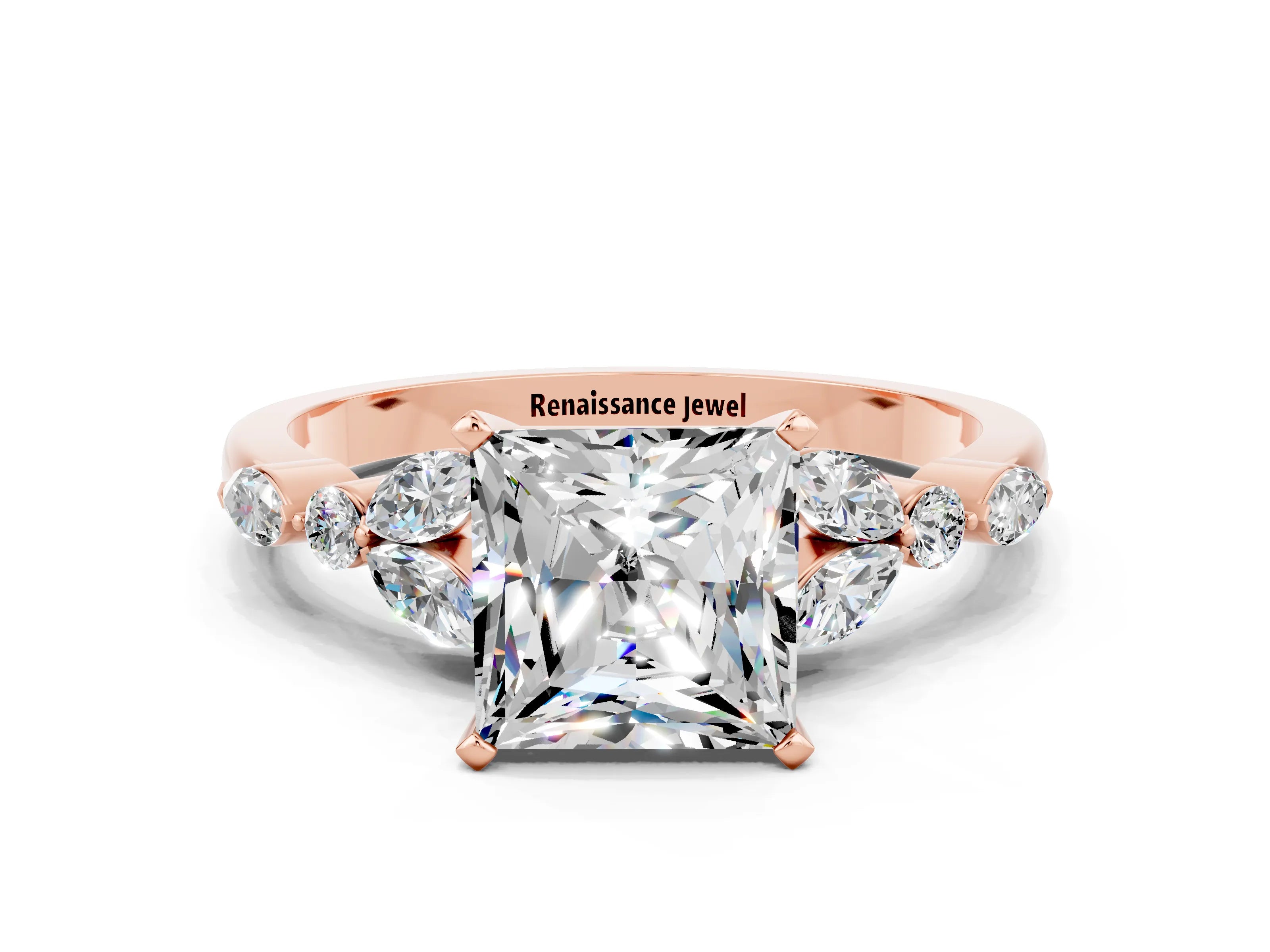 Rose gold Princess Cut Moissanite Solitaire Ring with Side Stones and Four-Prong Setting_12