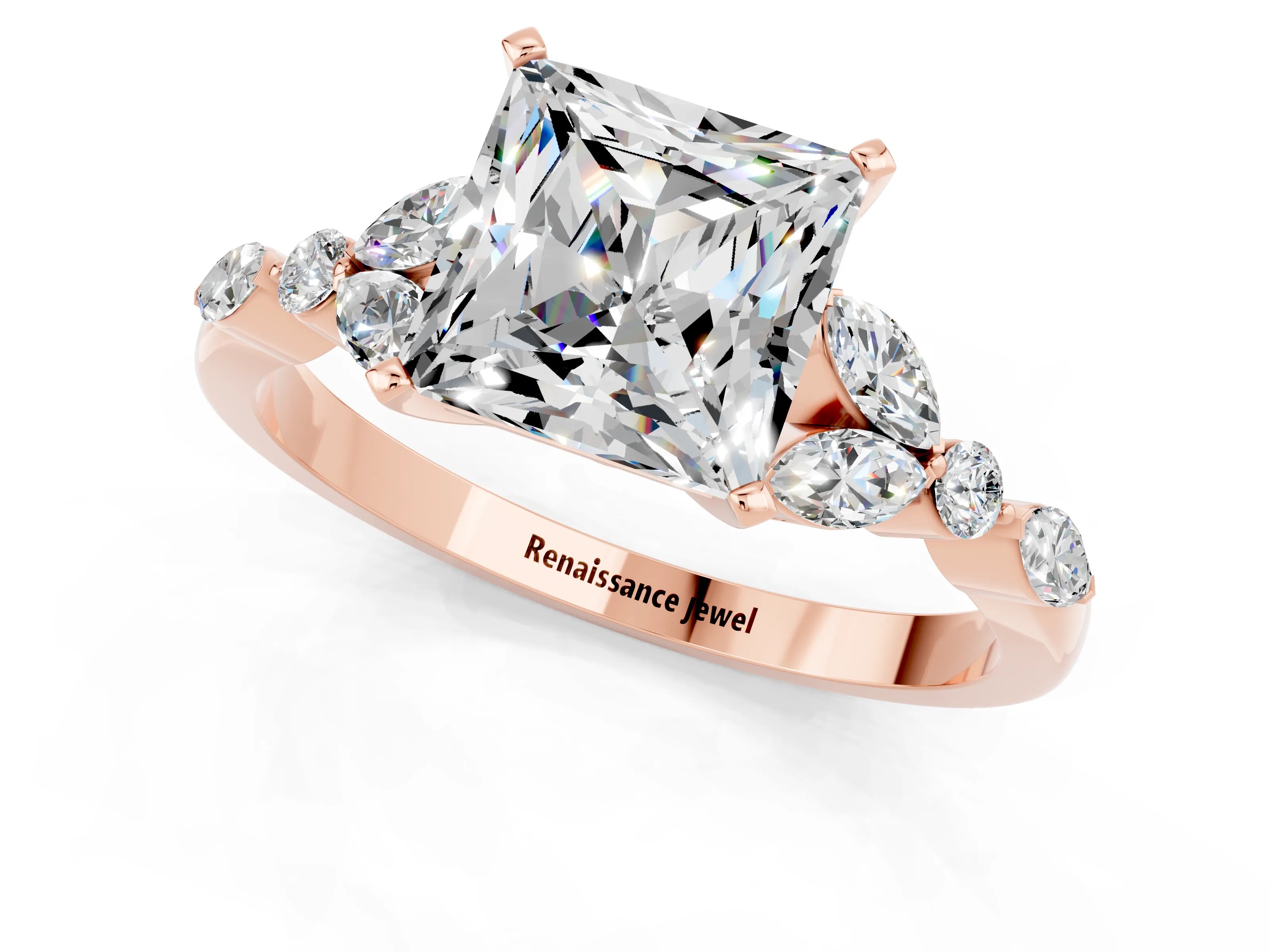 Rose gold Princess Cut Moissanite Solitaire Ring with Side Stones and Four-Prong Setting_13