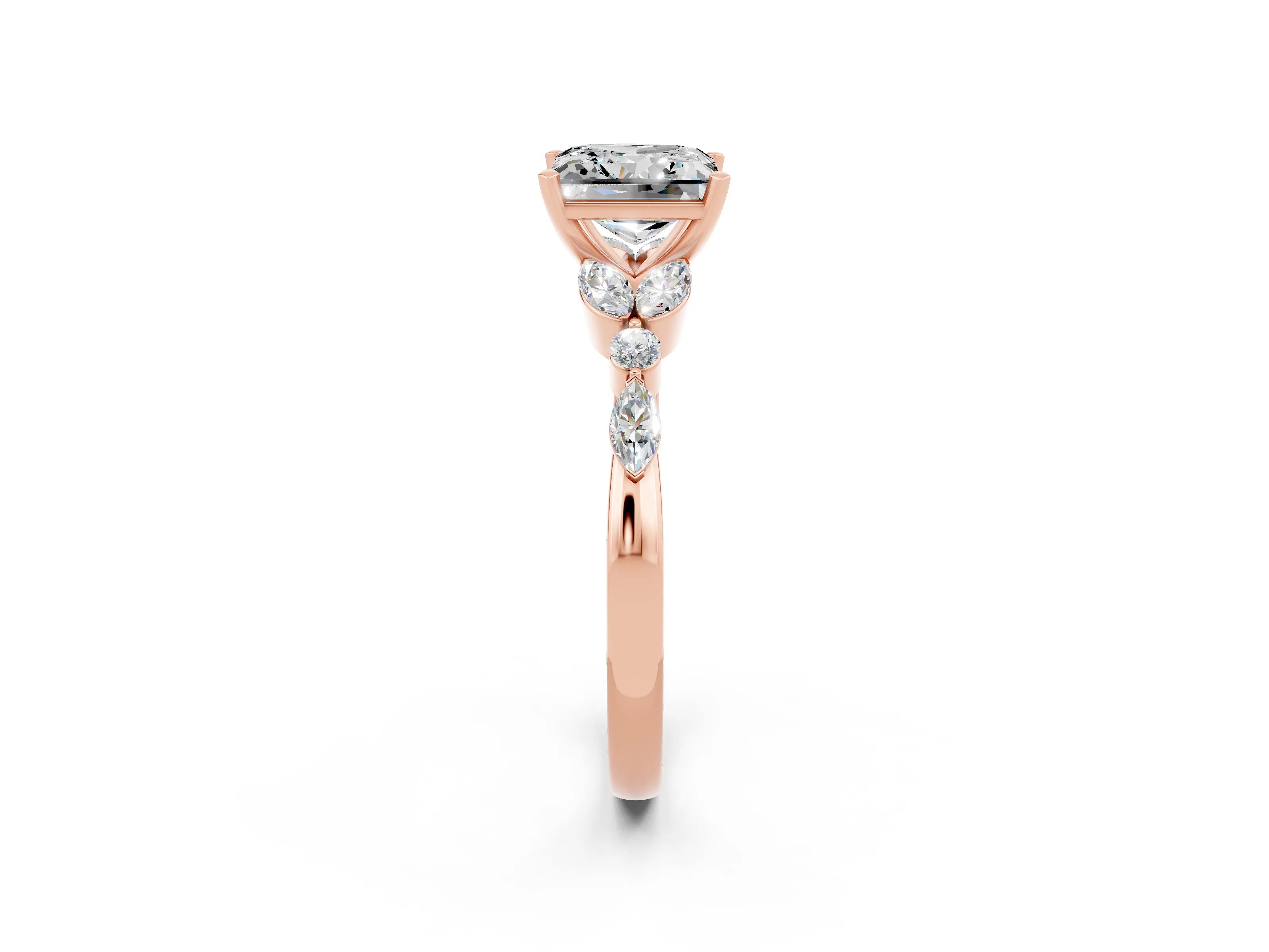 Rose gold Princess Cut Moissanite Solitaire Ring with Side Stones and Four-Prong Setting_14