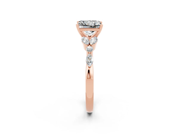 Rose gold Princess Cut Moissanite Solitaire Ring with Side Stones and Four-Prong Setting