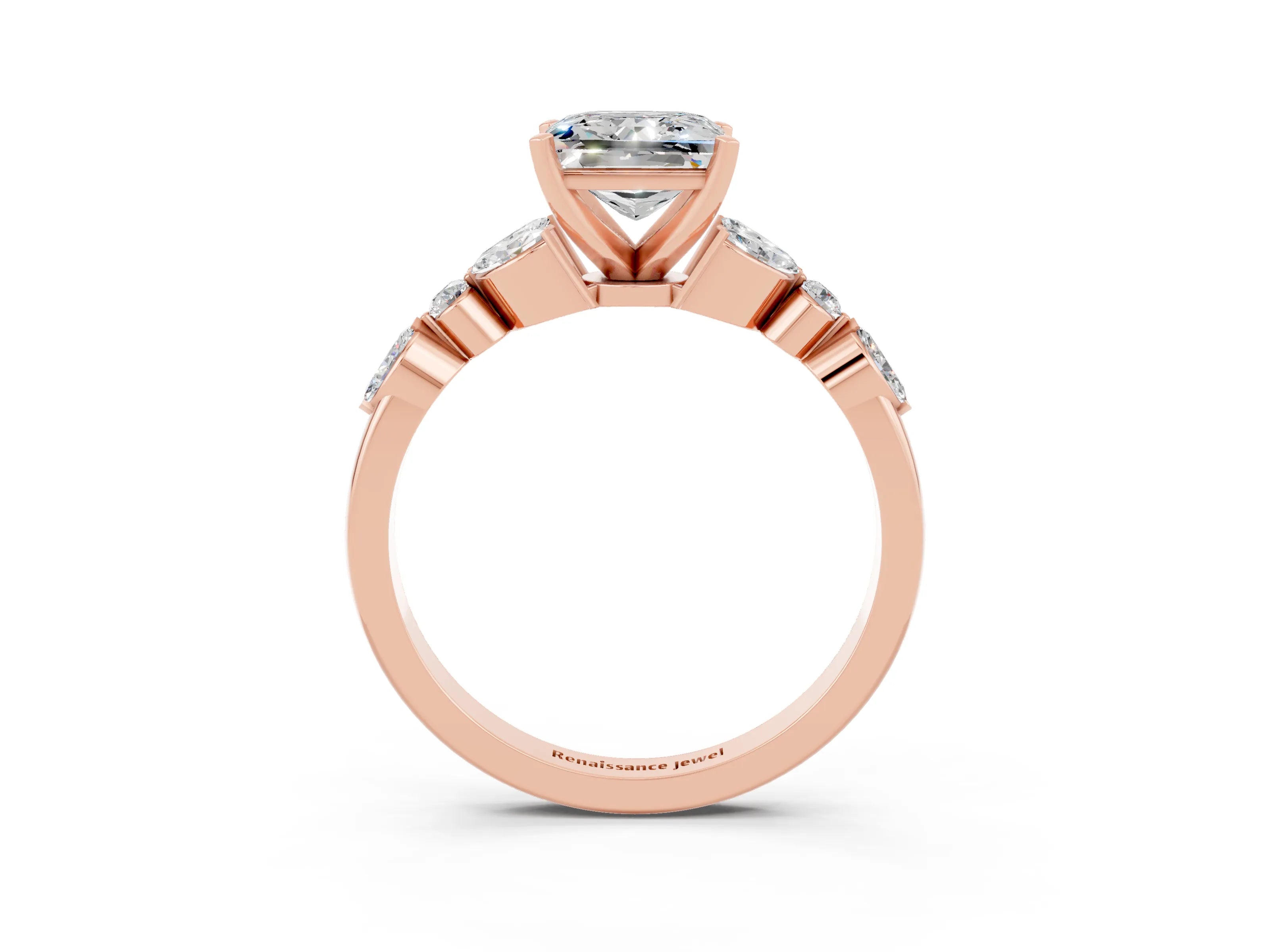 Rose gold Princess Cut Moissanite Solitaire Ring with Side Stones and Four-Prong Setting_15