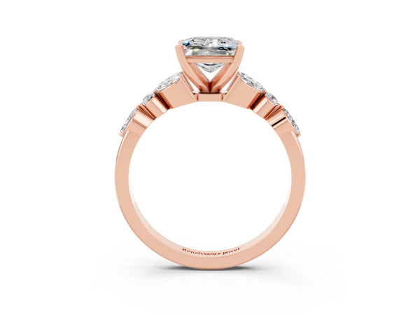 Rose gold Princess Cut Moissanite Solitaire Ring with Side Stones and Four-Prong Setting