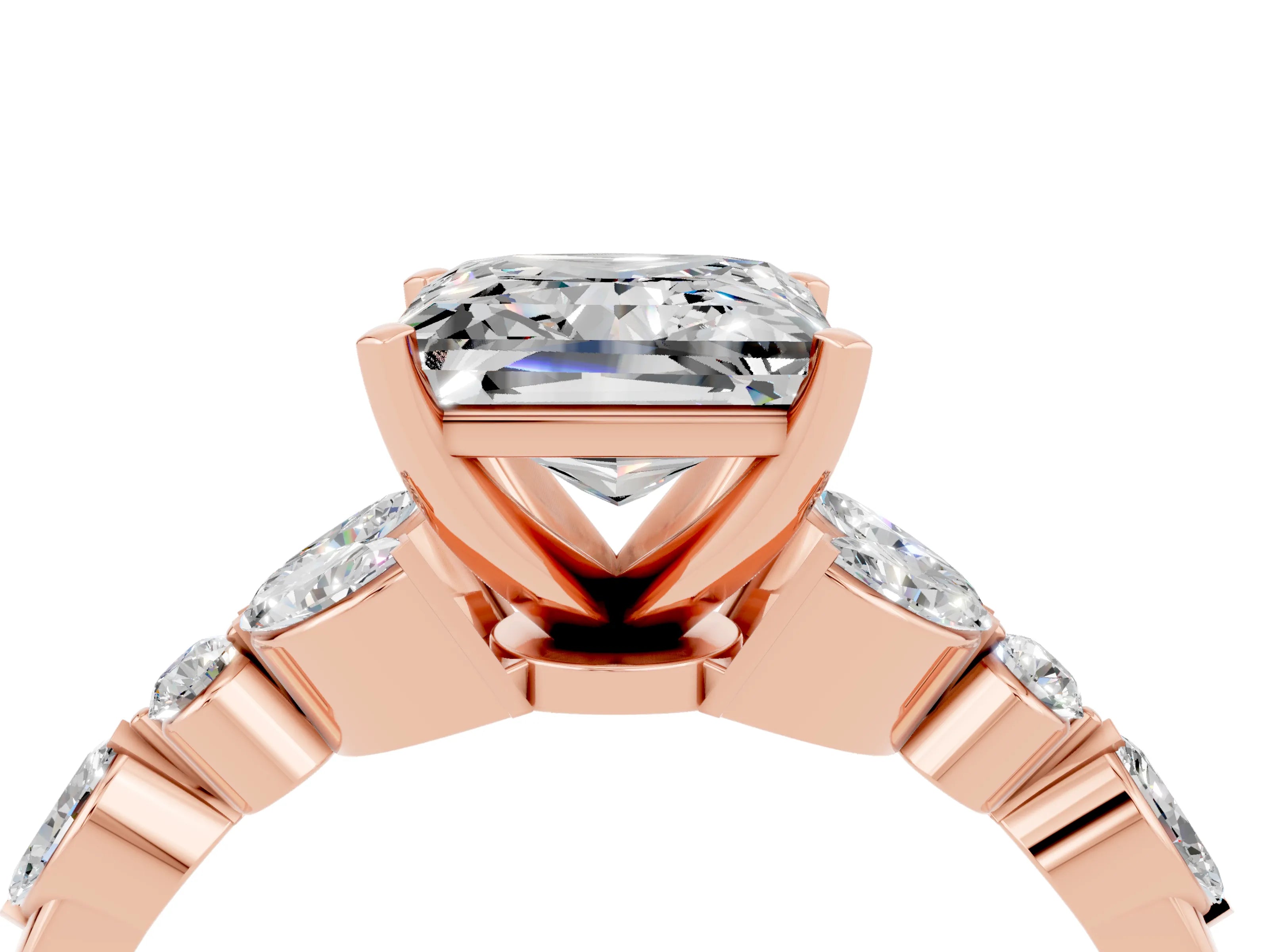 Rose gold Princess Cut Moissanite Solitaire Ring with Side Stones and Four-Prong Setting_16