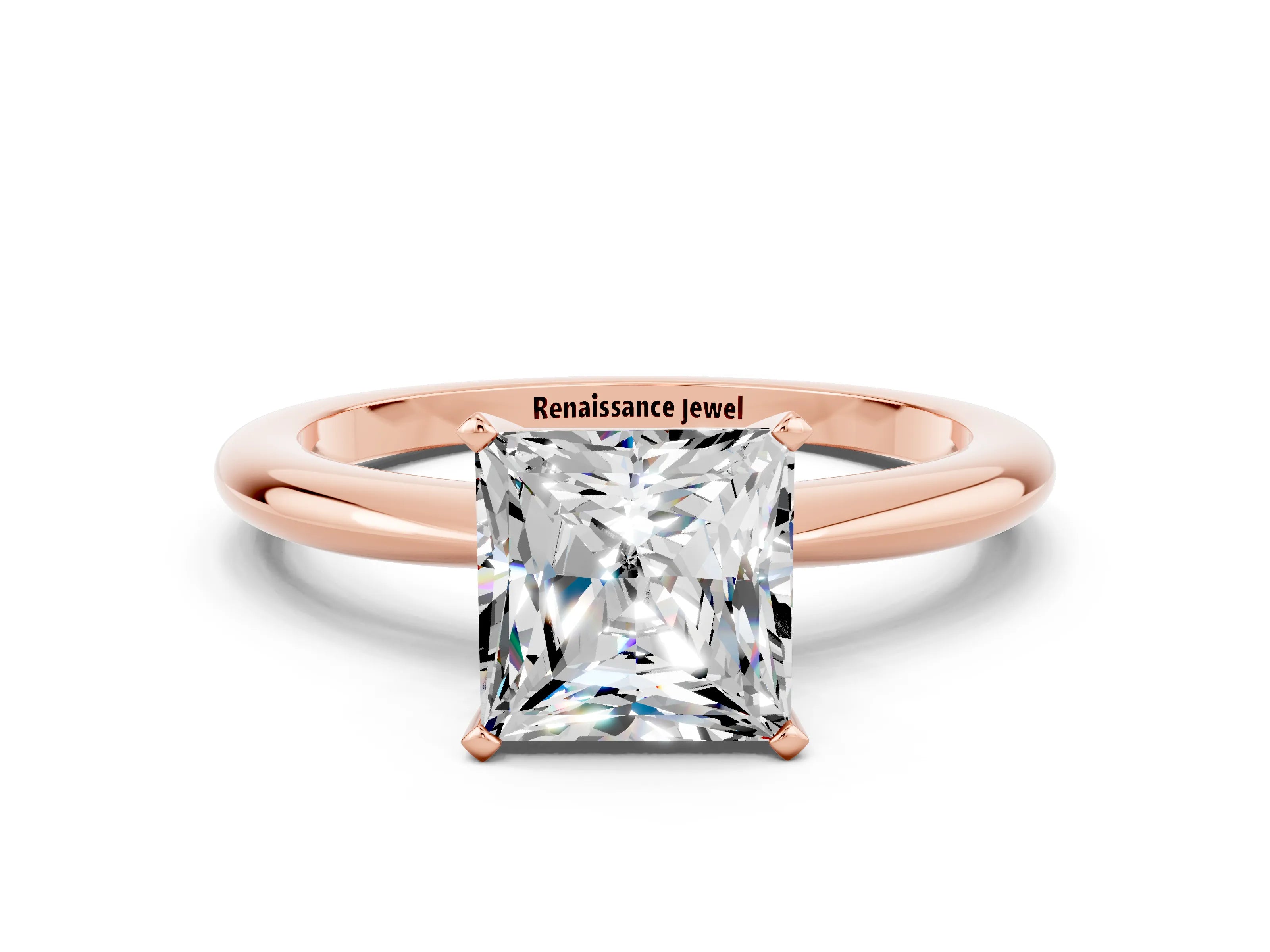 Rose gold Princess Cut Moissanite Solitaire Ring with Six-Prong Setting and Classic Band