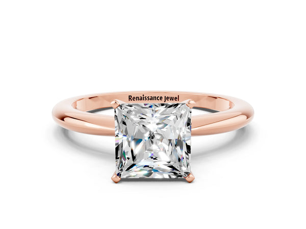 Rose gold Princess Cut Moissanite Solitaire Ring with Six-Prong Setting and Classic Band