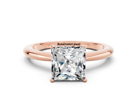 Rose gold Princess Cut Moissanite Solitaire Ring with Six-Prong Setting and Classic Band
