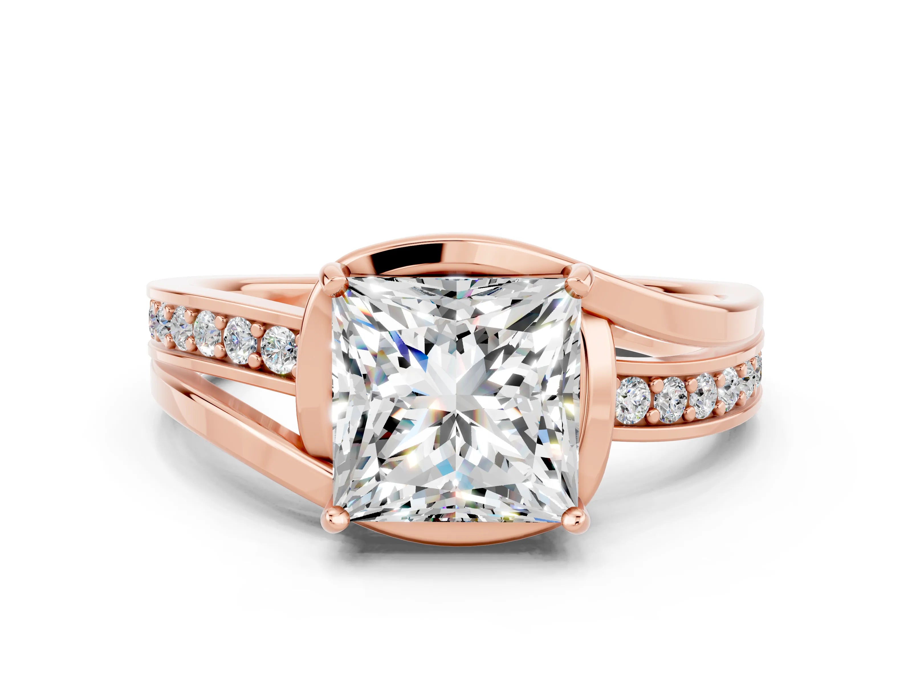 Rose gold Princess Cut Moissanite Solitaire Ring with Split Shank and Prong Setting