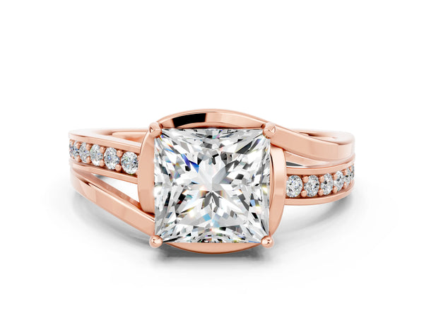 Rose gold Princess Cut Moissanite Solitaire Ring with Split Shank and Prong Setting