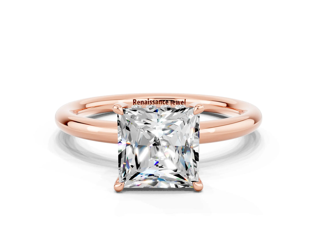 Rose gold Princess Cut Moissanite Solitaire Ring with Thin Band and Four-Prong Setting