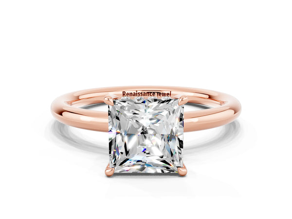 Rose gold Princess Cut Moissanite Solitaire Ring with Thin Band and Four-Prong Setting