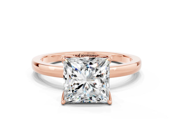 Rose gold Princess Cut Moissanite Solitaire Ring with Thin Band and Prong Setting
