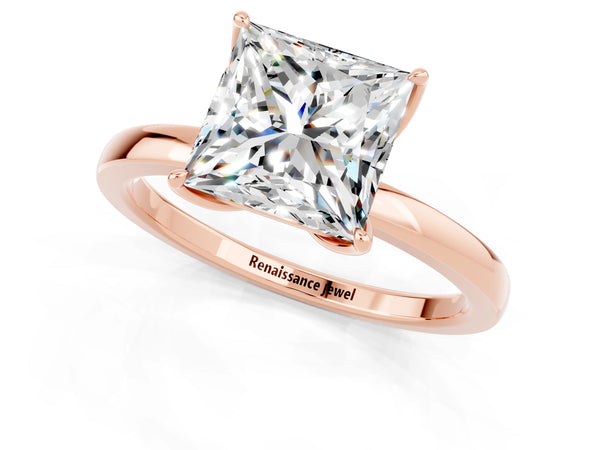 Rose gold Princess Cut Moissanite Solitaire Ring with Thin Band and Prong Setting