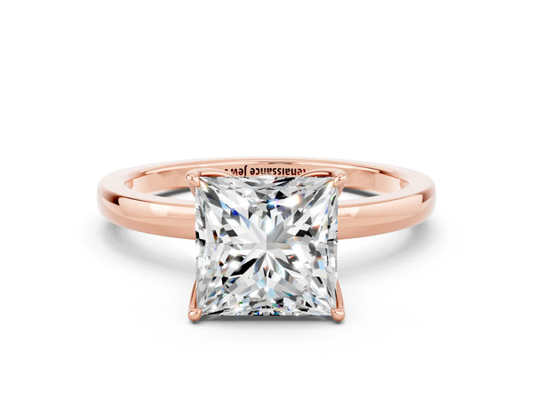 Rose gold Princess Cut Moissanite Solitaire Ring with Thin Band and Prong Setting