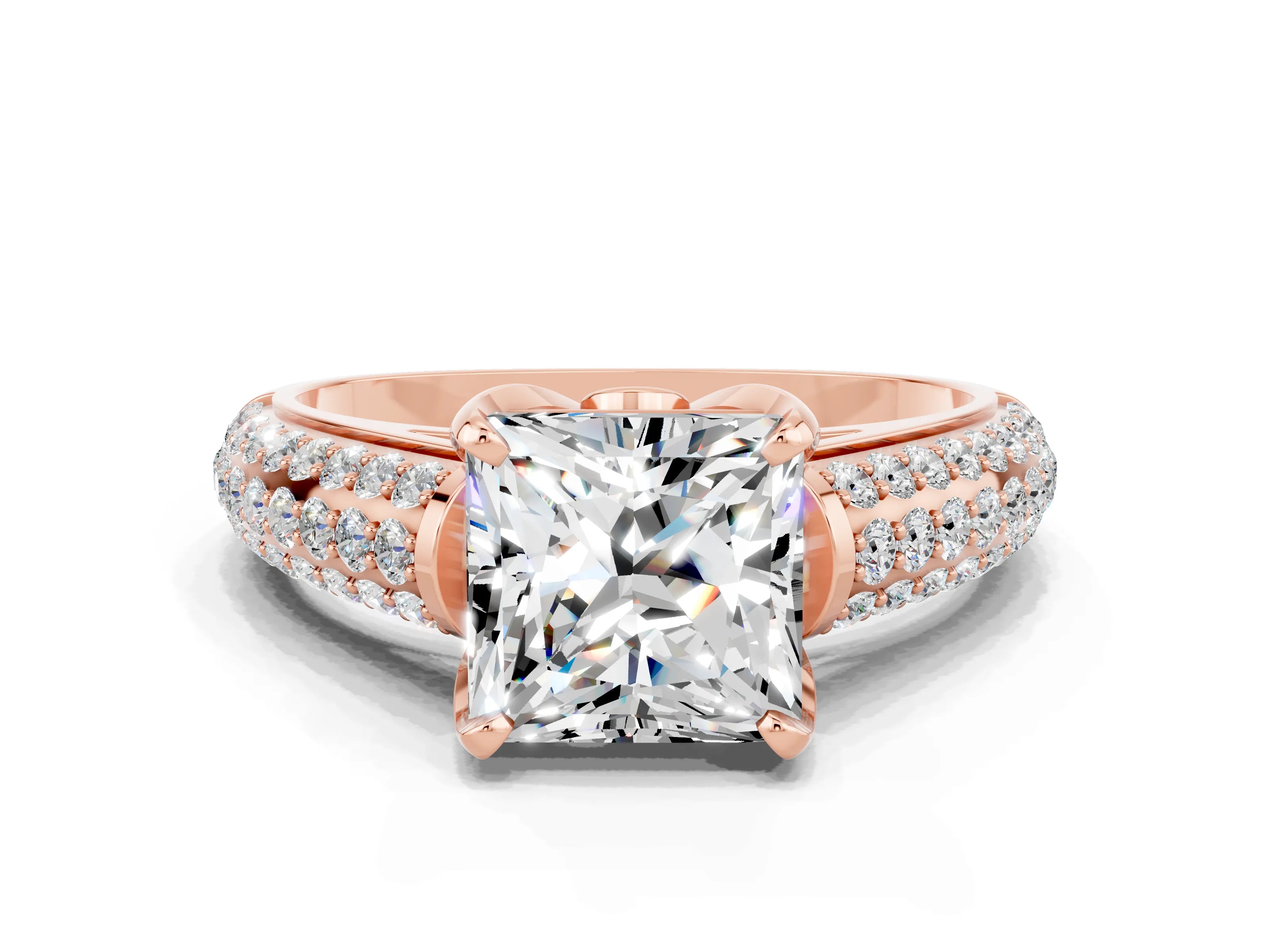 Rose gold Princess Cut Moissanite Solitaire Ring with Three-Row Pavé Band and Four-Prong Setting_12