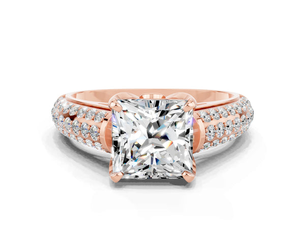 Rose gold Princess Cut Moissanite Solitaire Ring with Three-Row Pavé Band and Four-Prong Setting