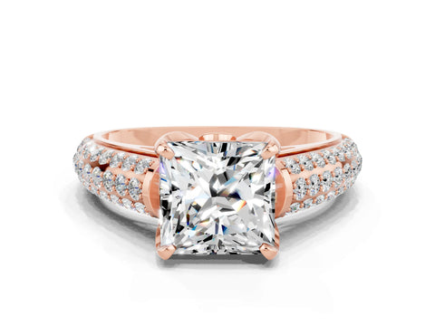 Rose gold Princess Cut Moissanite Solitaire Ring with Three-Row Pavé Band and Four-Prong Setting_12