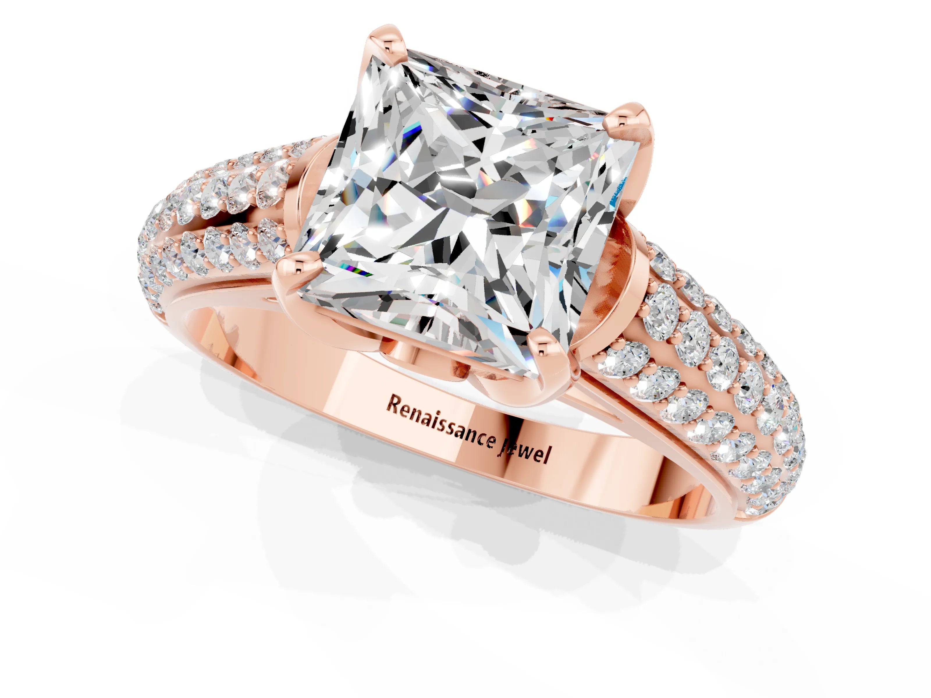 Rose gold Princess Cut Moissanite Solitaire Ring with Three-Row Pavé Band and Four-Prong Setting_13