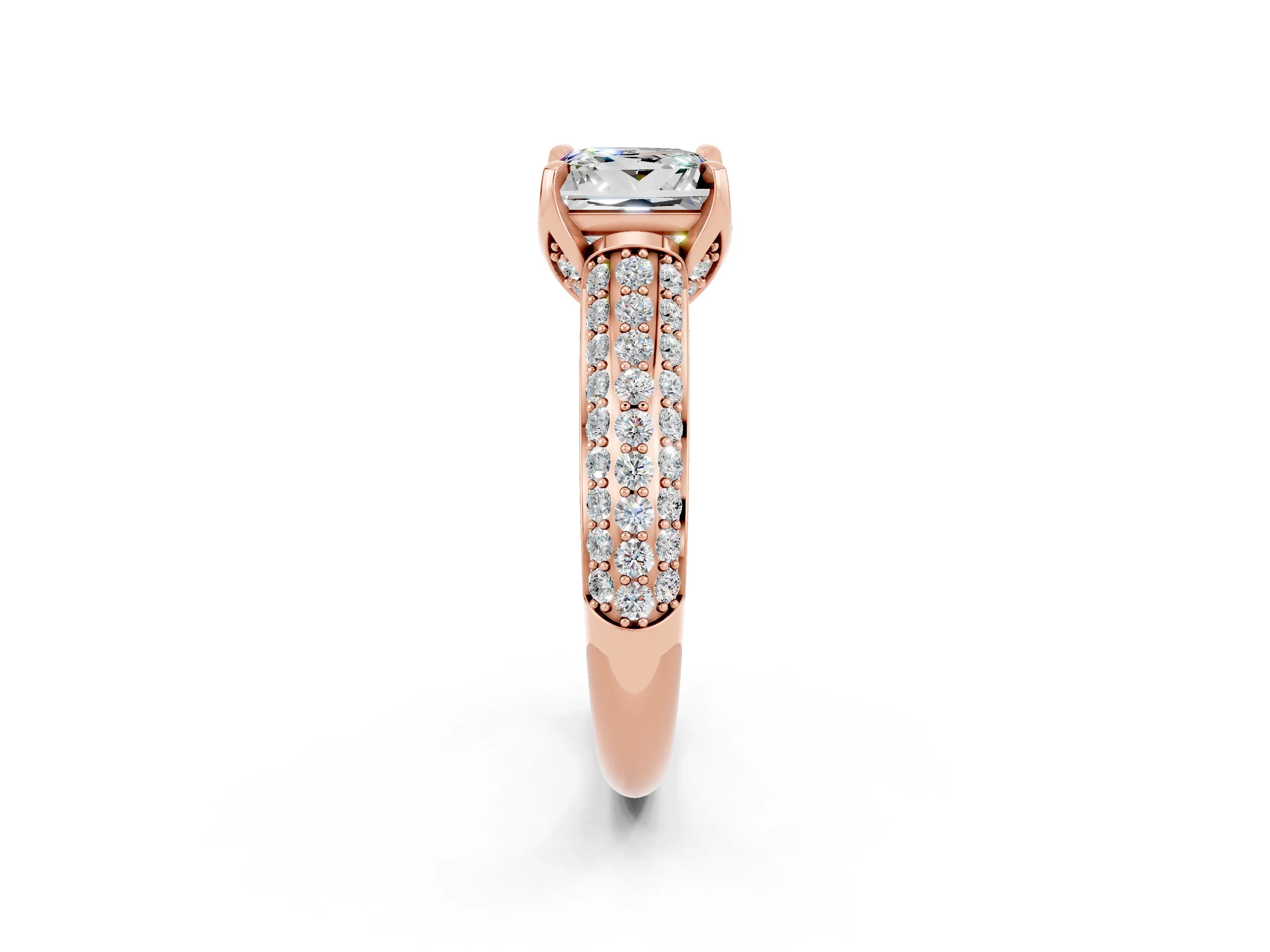 Rose gold Princess Cut Moissanite Solitaire Ring with Three-Row Pavé Band and Four-Prong Setting_14