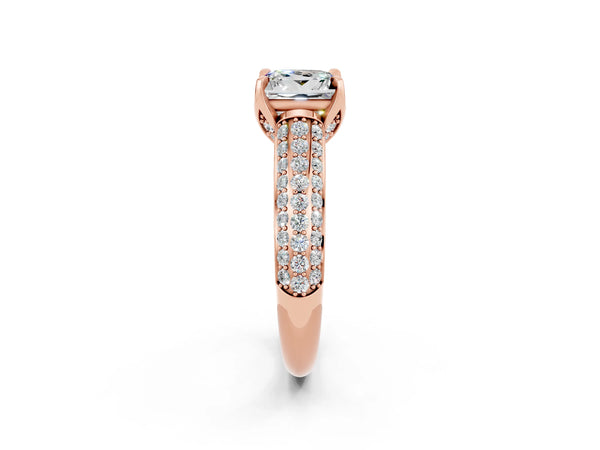 Rose gold Princess Cut Moissanite Solitaire Ring with Three-Row Pavé Band and Four-Prong Setting