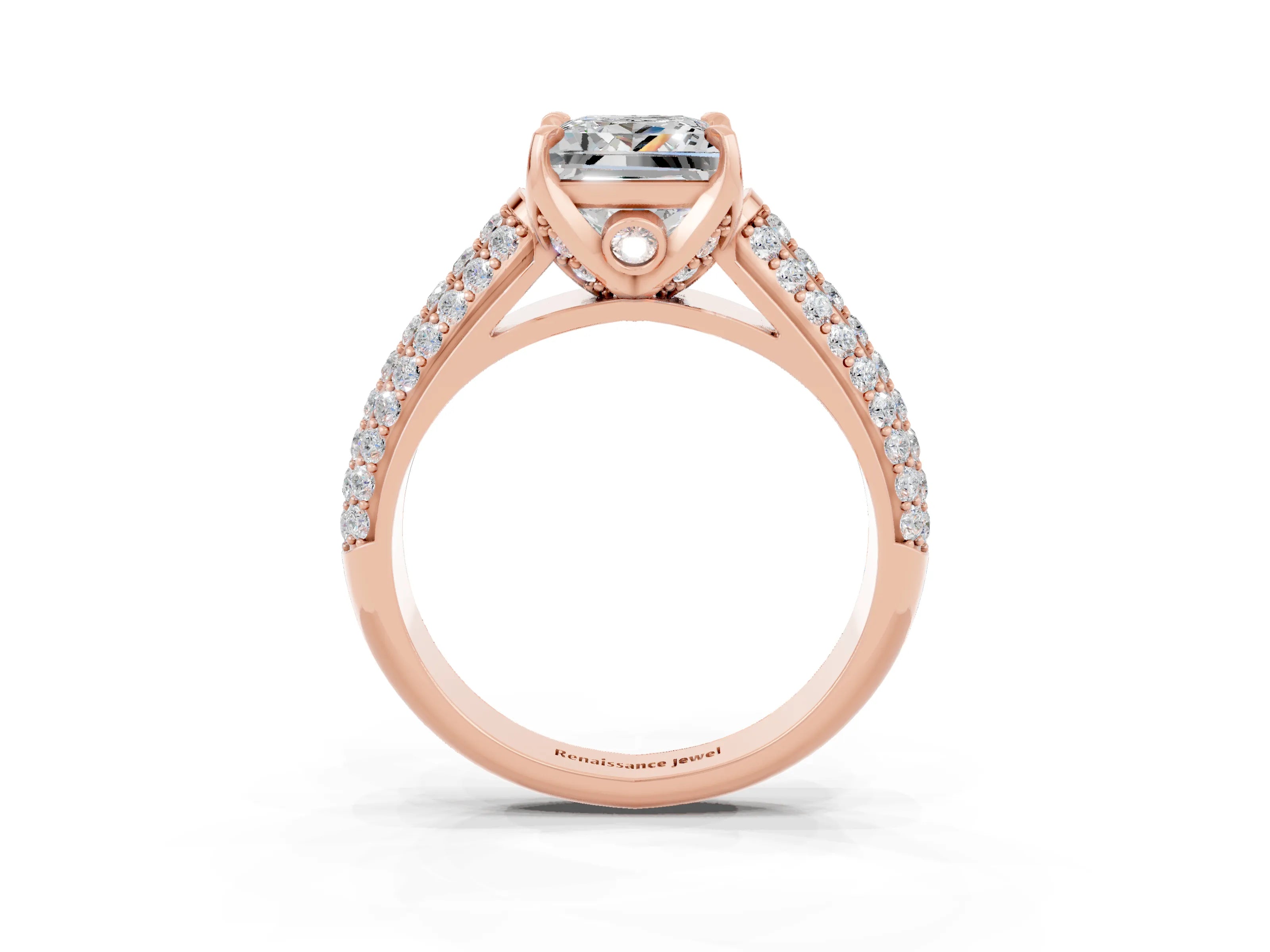 Rose gold Princess Cut Moissanite Solitaire Ring with Three-Row Pavé Band and Four-Prong Setting_15