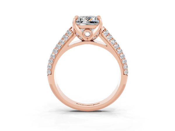 Rose gold Princess Cut Moissanite Solitaire Ring with Three-Row Pavé Band and Four-Prong Setting
