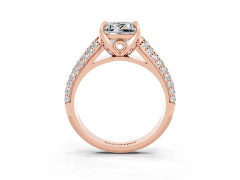 Rose gold Princess Cut Moissanite Solitaire Ring with Three-Row Pavé Band and Four-Prong Setting_15