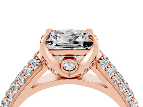 Rose gold Princess Cut Moissanite Solitaire Ring with Three-Row Pavé Band and Four-Prong Setting_16