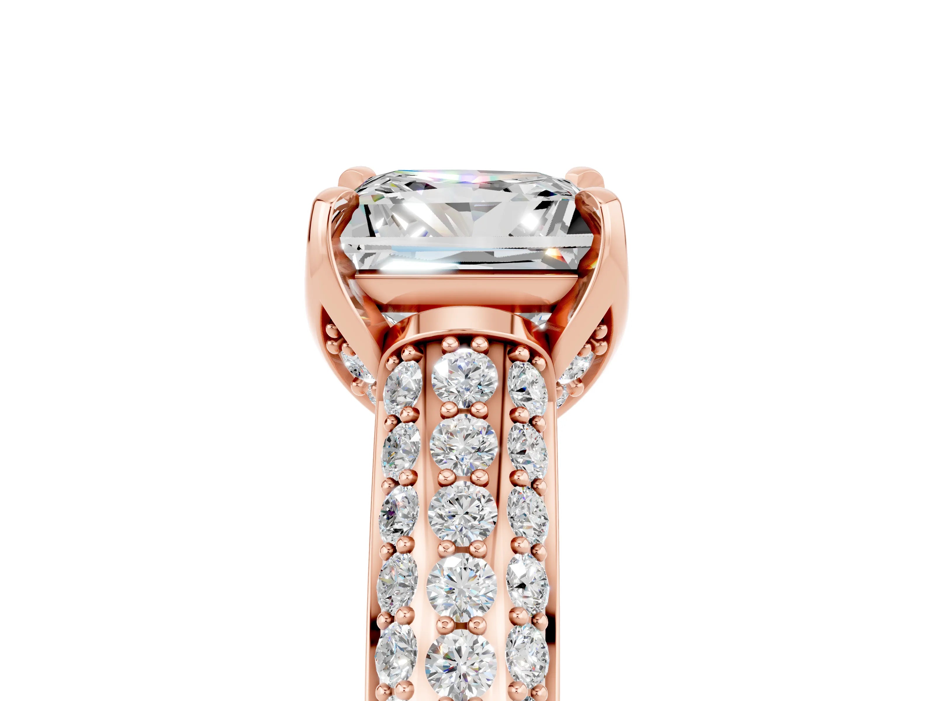 Rose gold Princess Cut Moissanite Solitaire Ring with Three-Row Pavé Band and Four-Prong Setting_17