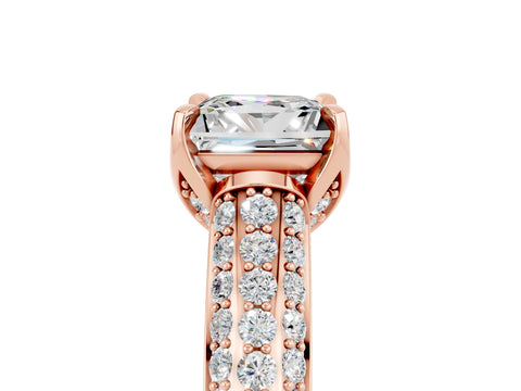 Rose gold Princess Cut Moissanite Solitaire Ring with Three-Row Pavé Band and Four-Prong Setting_17