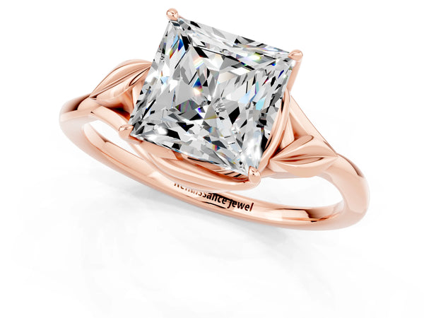 Rose gold Princess Cut Moissanite Solitaire Ring with Twist Band and Four-Prong Setting