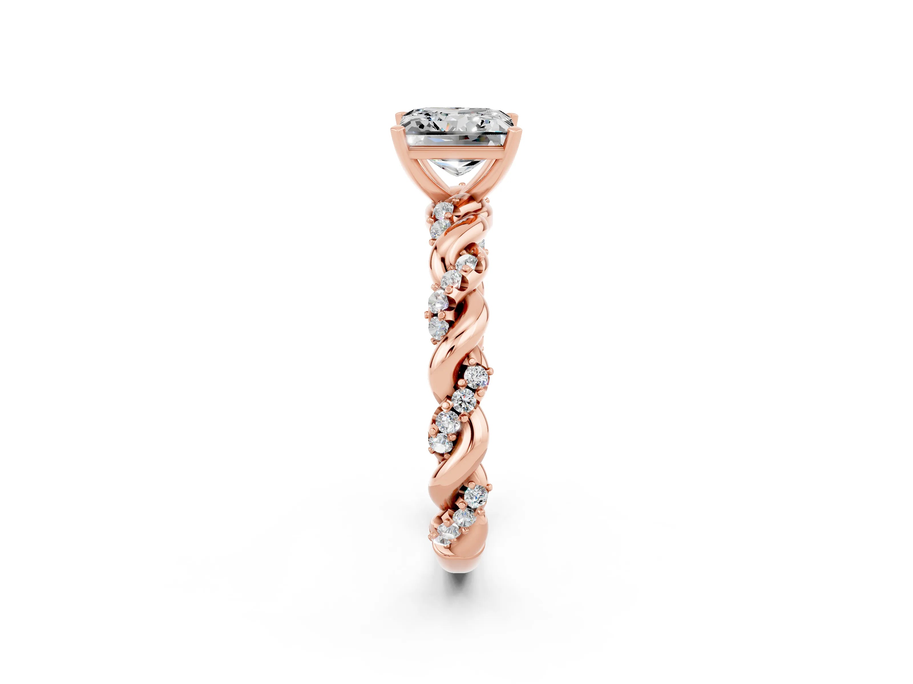 Rose gold Princess Cut Moissanite Solitaire Ring with Twisted Band and Pavé Accents_2
