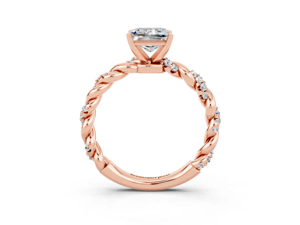 Rose gold Princess Cut Moissanite Solitaire Ring with Twisted Band and Pavé Accents