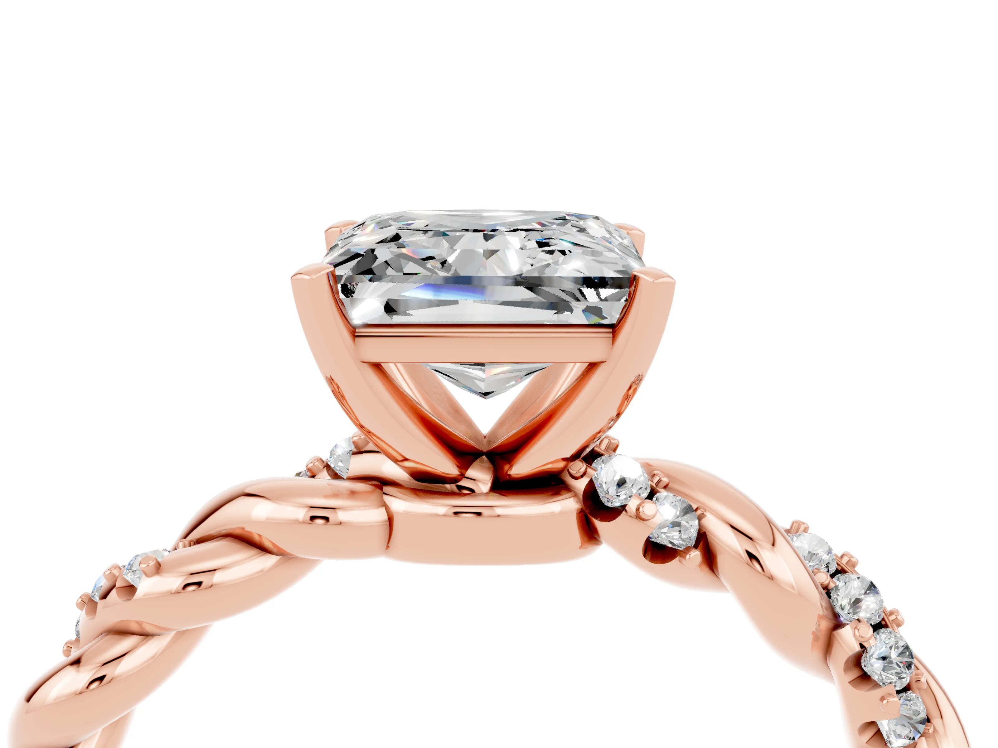 Rose gold Princess Cut Moissanite Solitaire Ring with Twisted Band and Pavé Accents_4