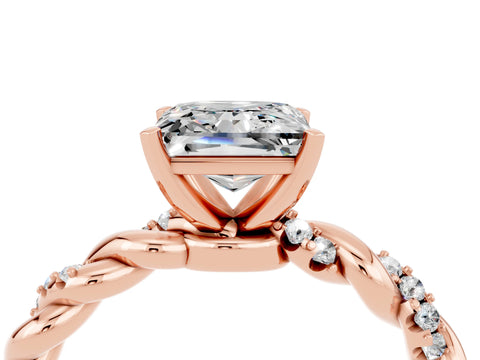 Rose gold Princess Cut Moissanite Solitaire Ring with Twisted Band and Pavé Accents_4