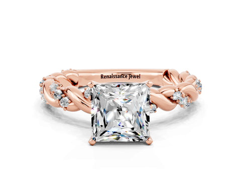 Rose gold Princess Cut Moissanite Solitaire Ring with Twisted Band and Pavé Accents