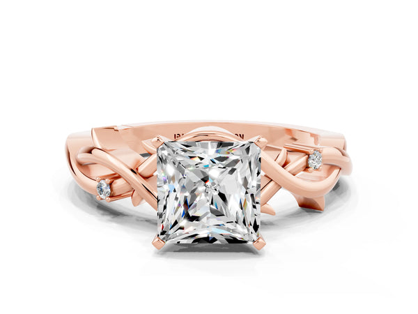 Rose gold Princess Cut Moissanite Solitaire Ring with Twisted Band and Prong Setting