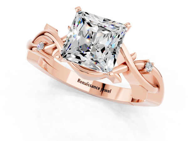 Rose gold Princess Cut Moissanite Solitaire Ring with Twisted Band and Prong Setting