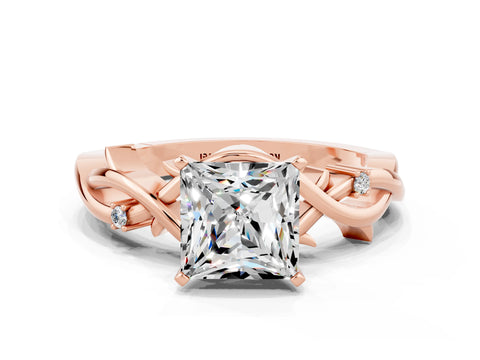 Rose gold Princess Cut Moissanite Solitaire Ring with Twisted Band and Prong Setting