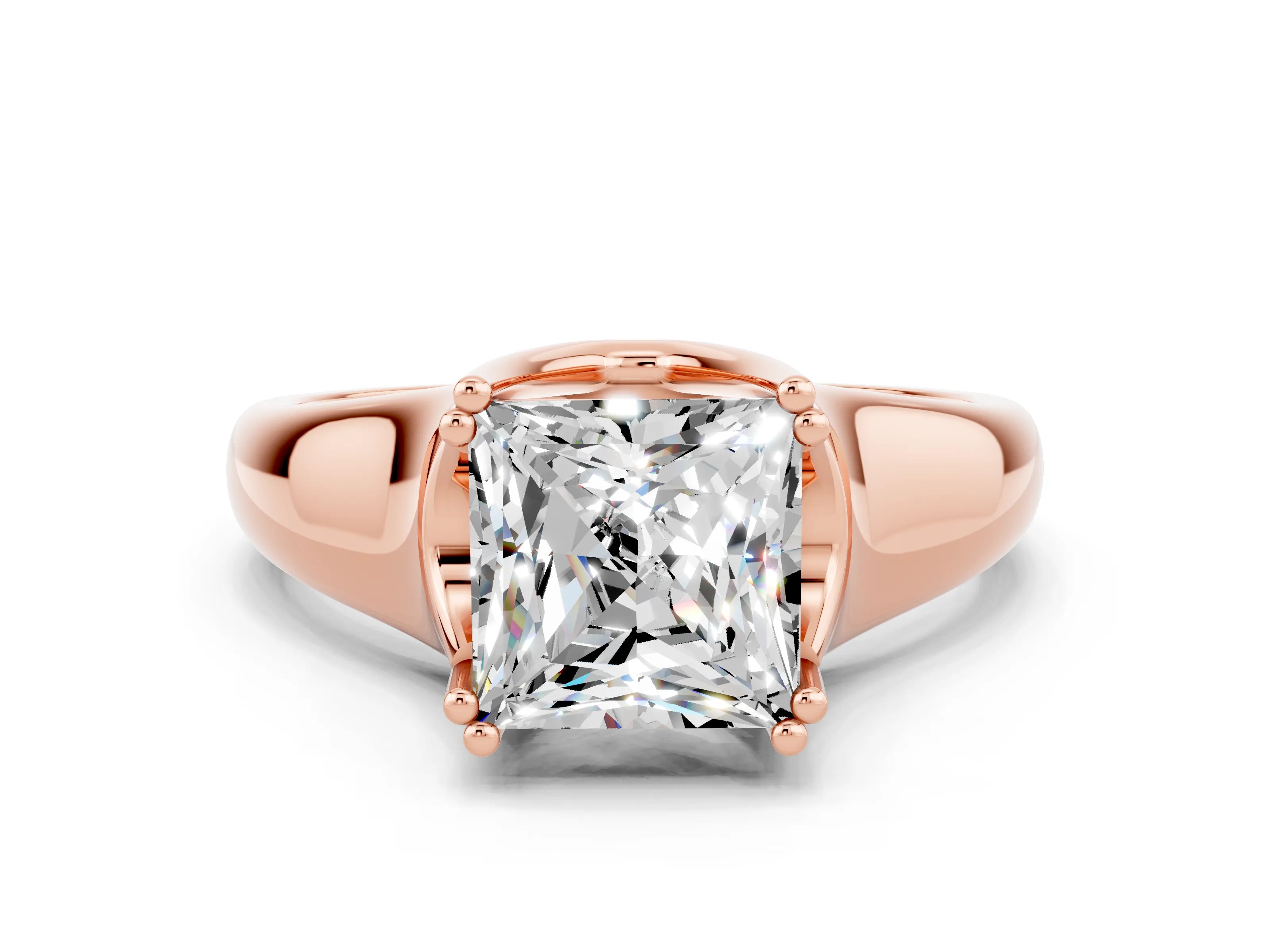Rose gold Princess Cut Moissanite Solitaire Ring with Wide Band and Prong Setting