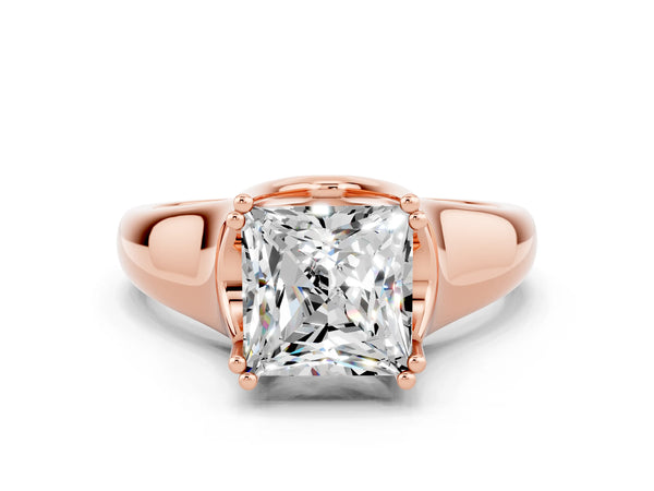 Rose gold Princess Cut Moissanite Solitaire Ring with Wide Band and Prong Setting
