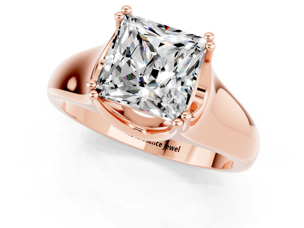 Rose gold Princess Cut Moissanite Solitaire Ring with Wide Band and Prong Setting