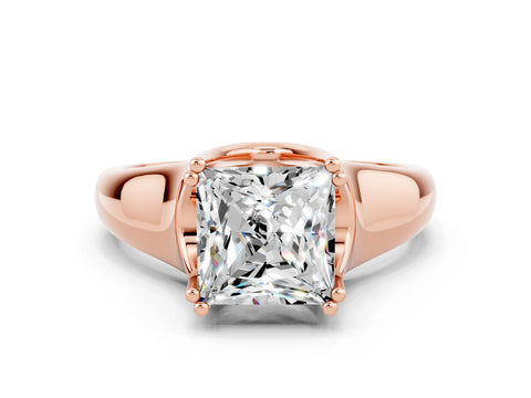 Rose gold Princess Cut Moissanite Solitaire Ring with Wide Band and Prong Setting